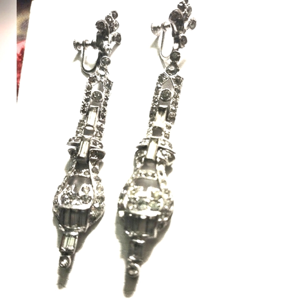 VINTAGE ANTIQUE ART DECO 1920'S DANGLE RHINESTONE STERLING  EARRINGS